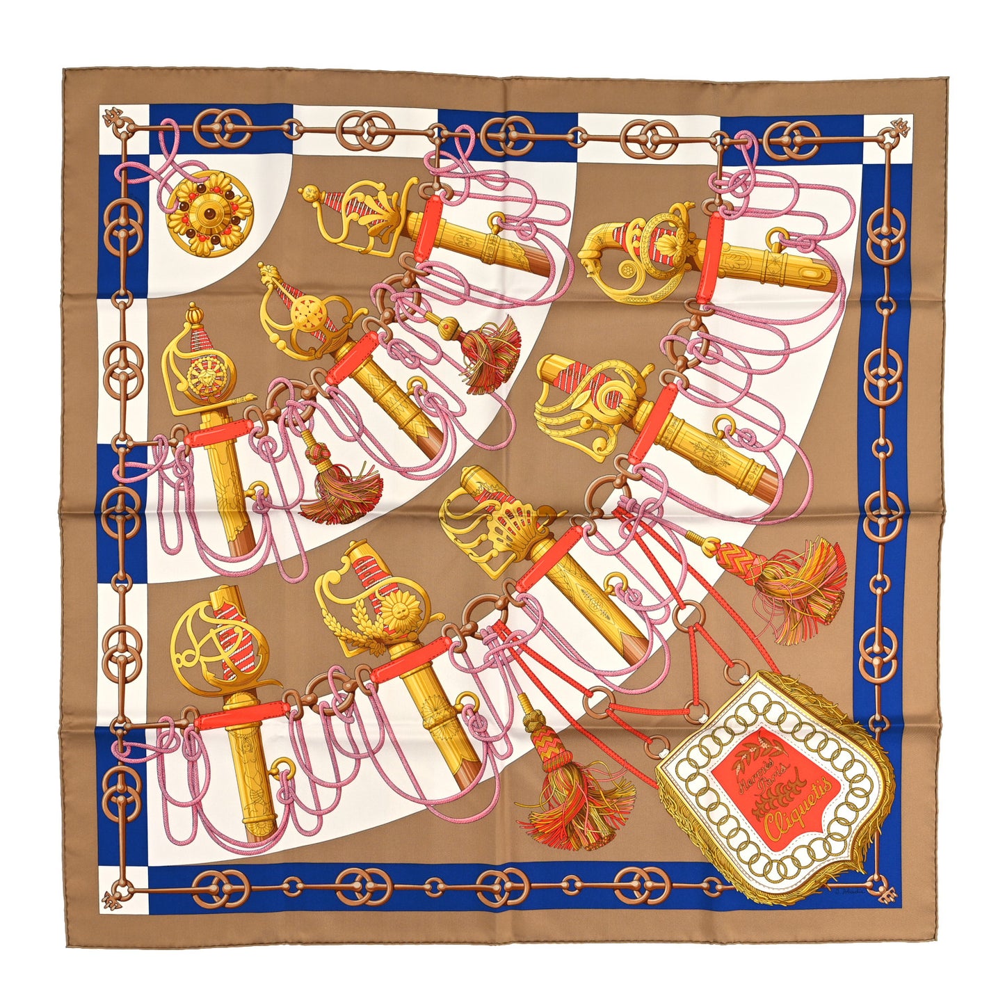 Silk Cliquetis Scarf 90 Camel Indigo Vieil