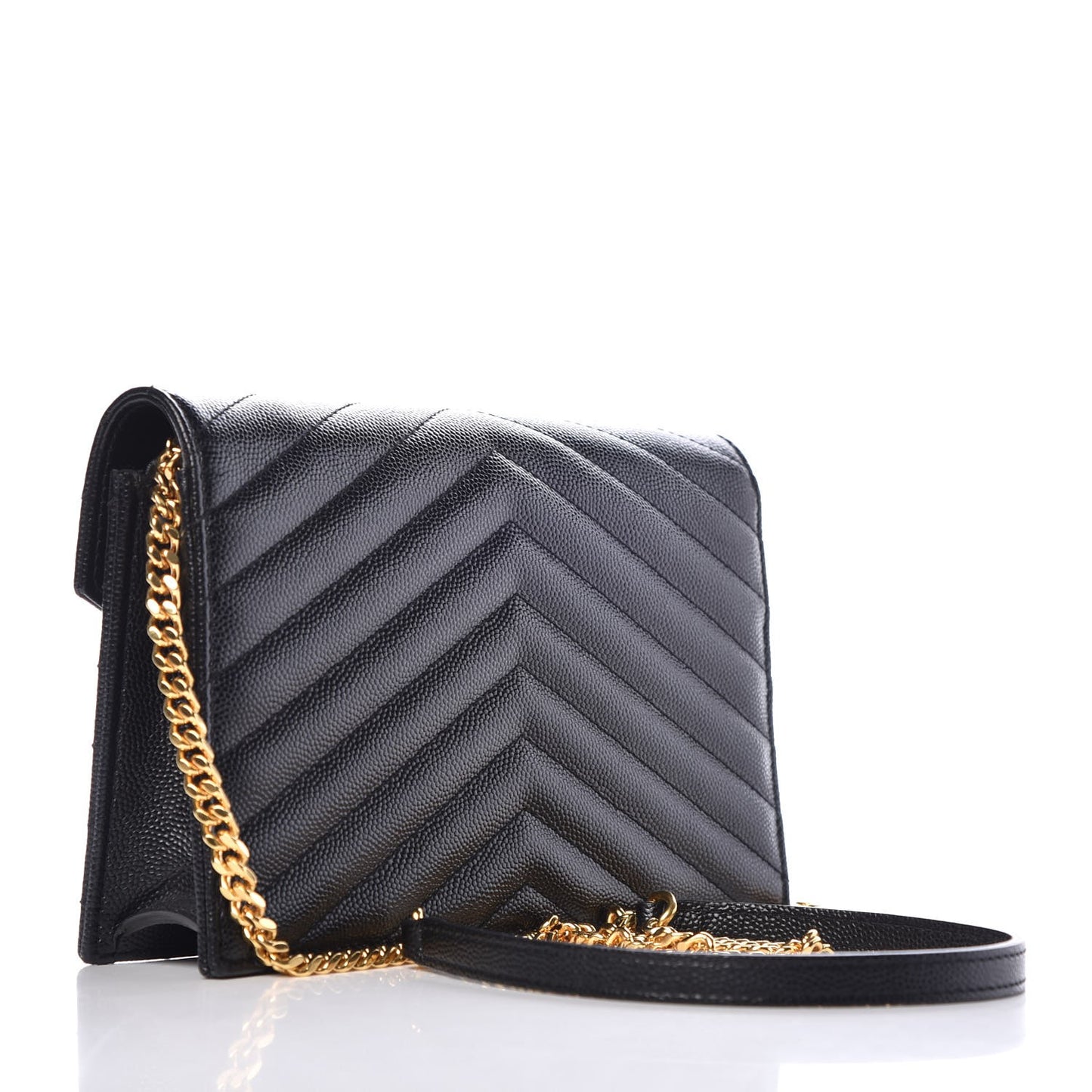 Grain De Poudre Matelasse Chevron Monogram Envelope Chain Wallet Black