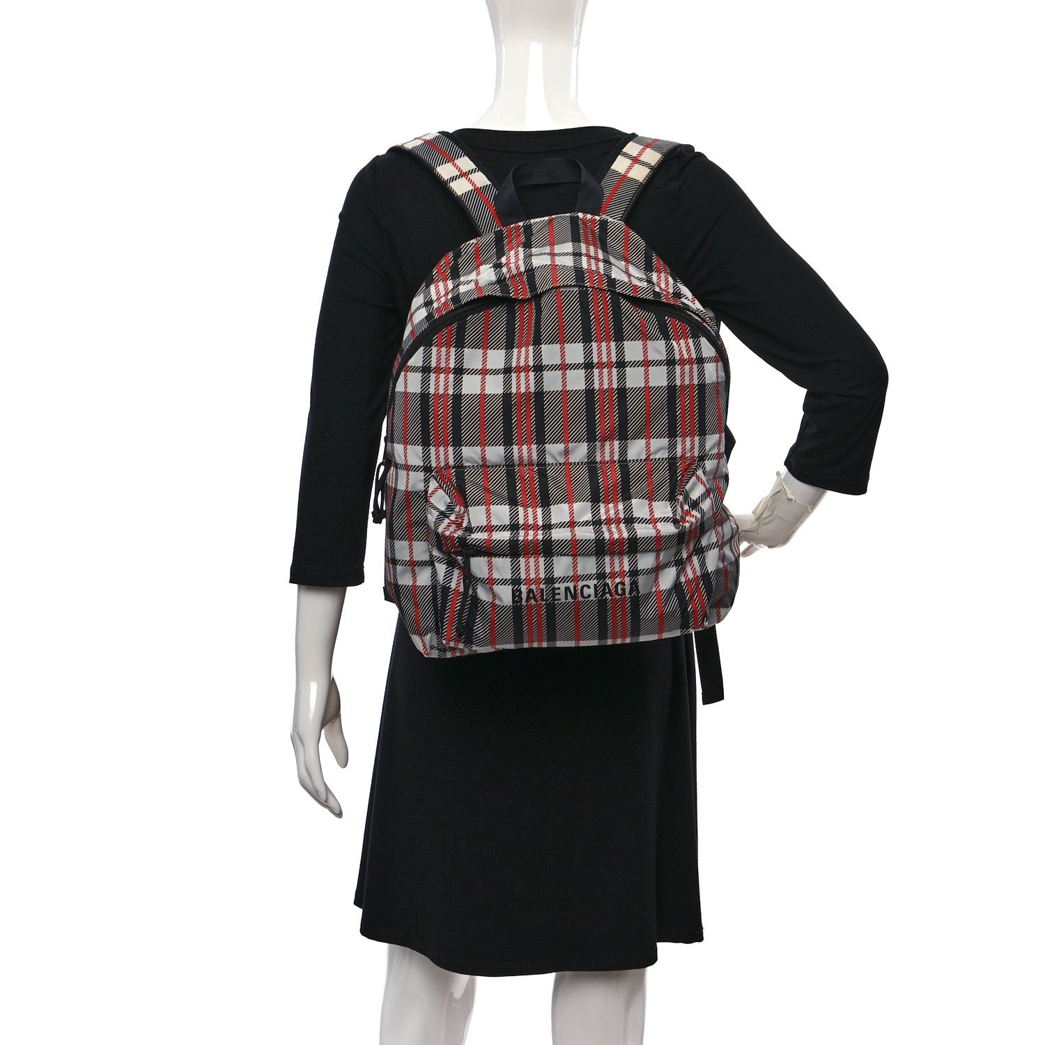 Balenciaga Nylon Plaid Print Expandable Backpack Black Red 2 of 9