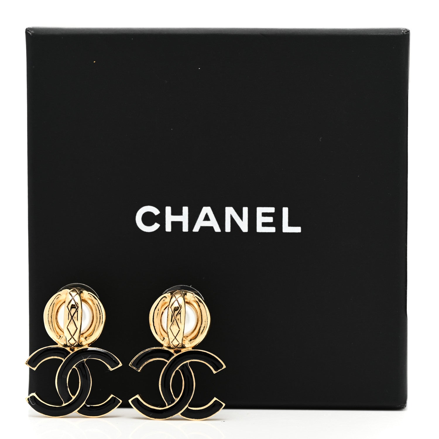 Chanel Pearl Resin CC Drop Earrings Gold Black 5 of 5