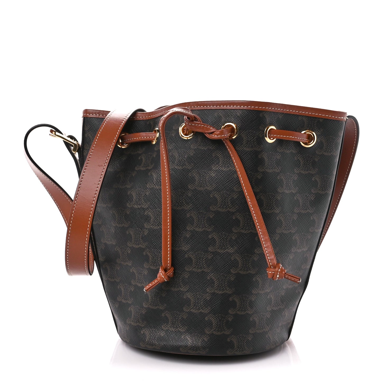 Triomphe Canvas Calfskin Small Drawstring Bucket Bag Tan