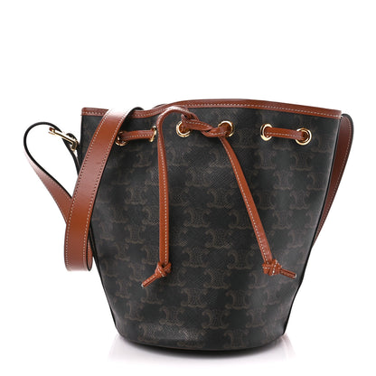 Celine Triomphe Canvas Calfskin Small Drawstring Bucket Bag Tan 1 of 11