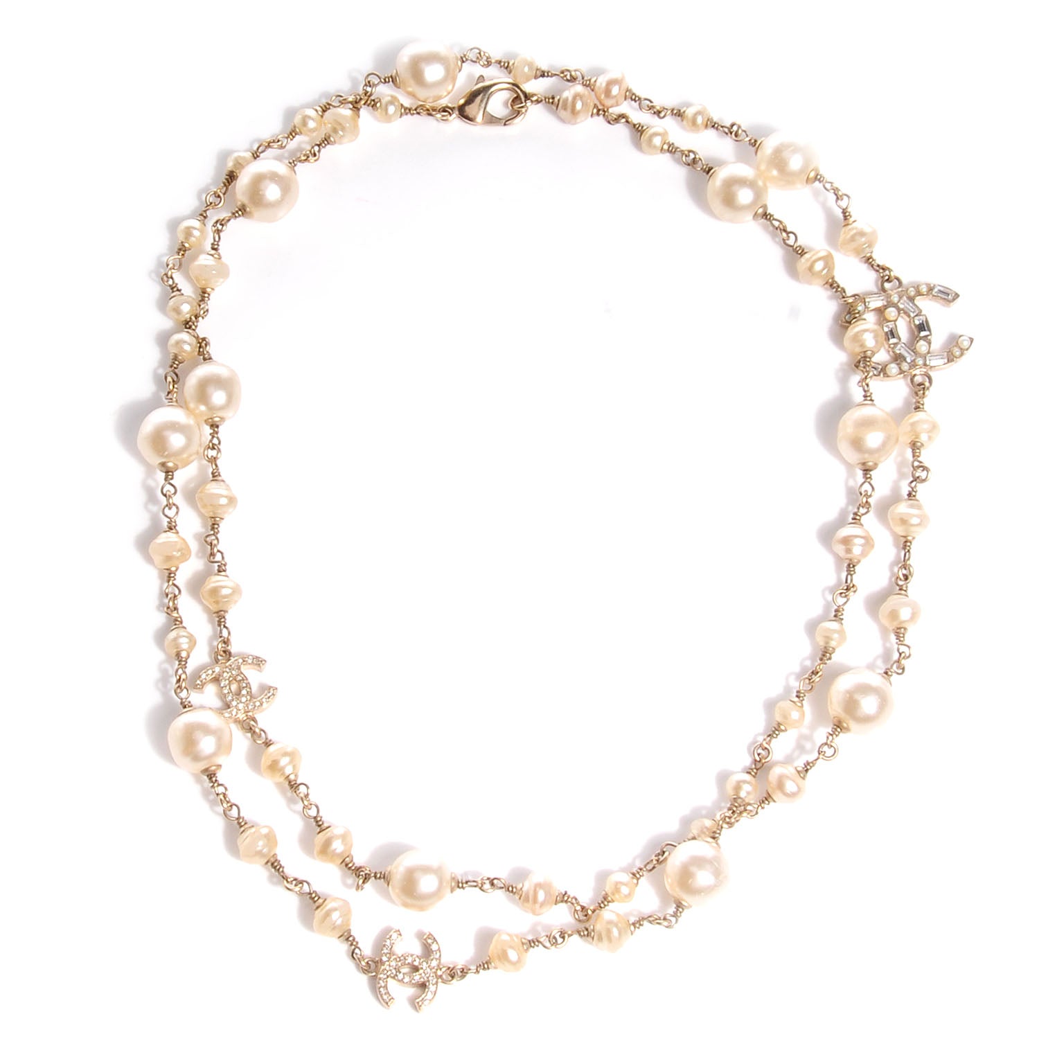 Chanel Crystal Pearl CC Long Necklace Gold 1 of 4