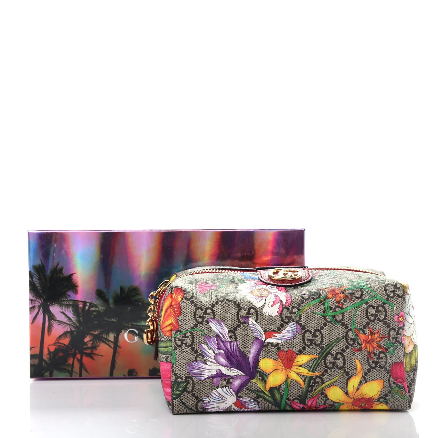 Soft GG Supreme Monogram Flora Calfskin Medium Ophidia Cosmetic Case Beige Ebony Multicolor Rosso