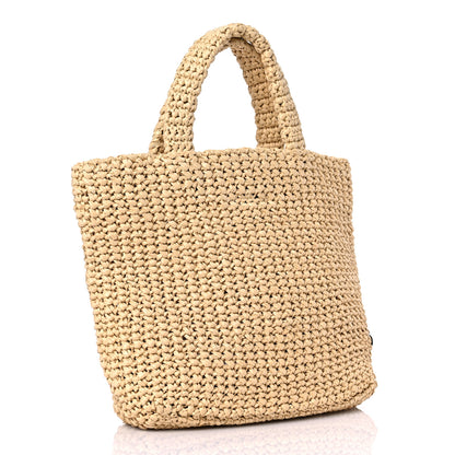 Prada Yarn Raffia Effect Crochet Embroidered Small Logo Tote Naturale 2 of 7