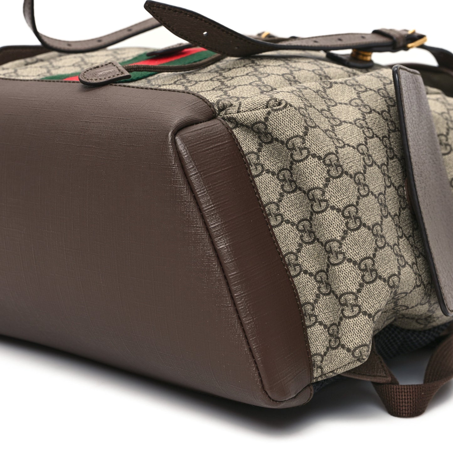 GG Supreme Monogram Medium Ophidia Double Buckle Backpack Brown