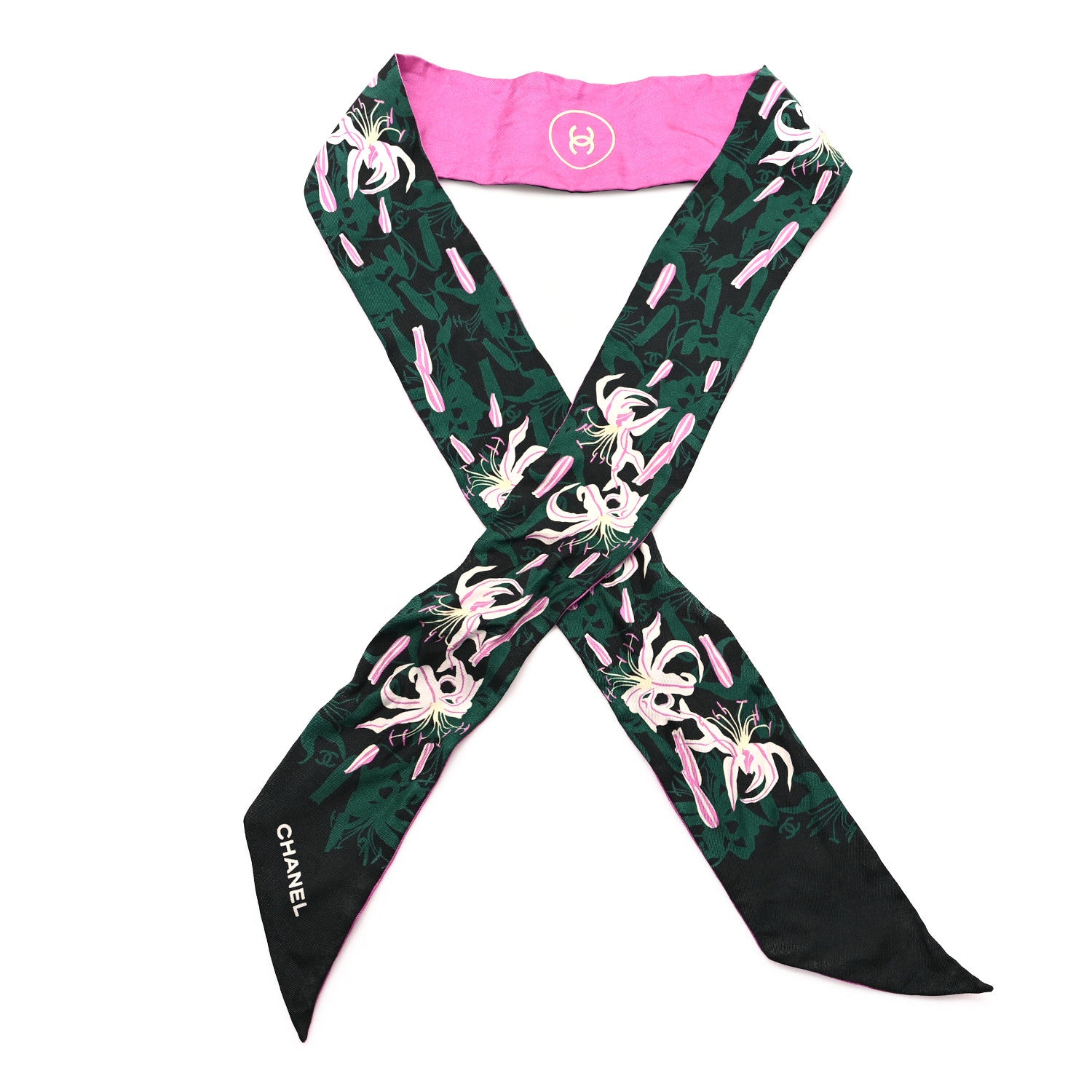 Chanel Silk CC Slim Bandeau Scarf Black Green Pink 1 of 4