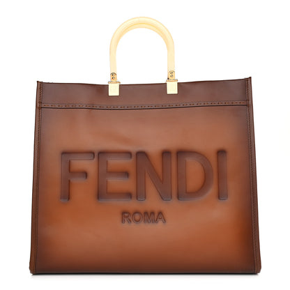 Fendi Vitello King Tamponato Plexiglass Logo Embossed Large Fendi Sunshine Shopper Tote Cuoio 1 of 13