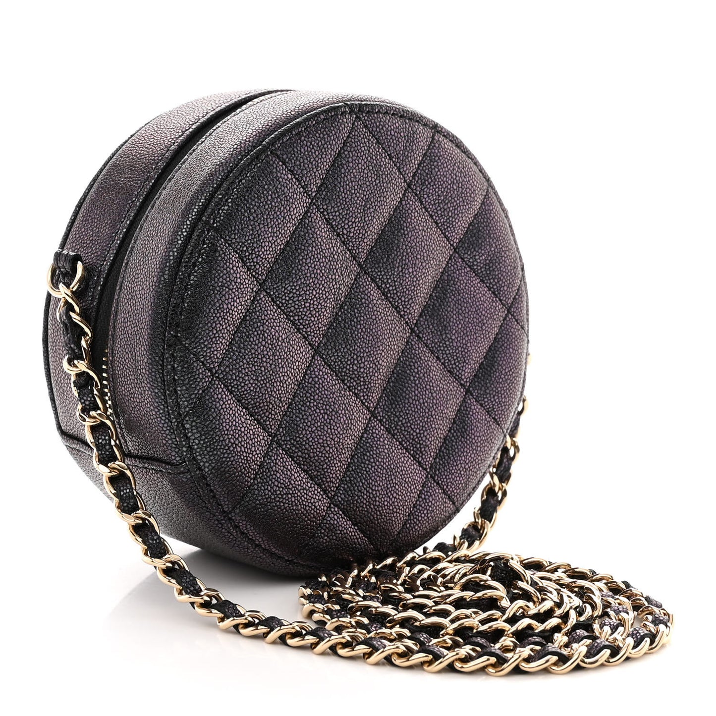 Iridescent Caviar Quilted Round Clutch With Chain Navy