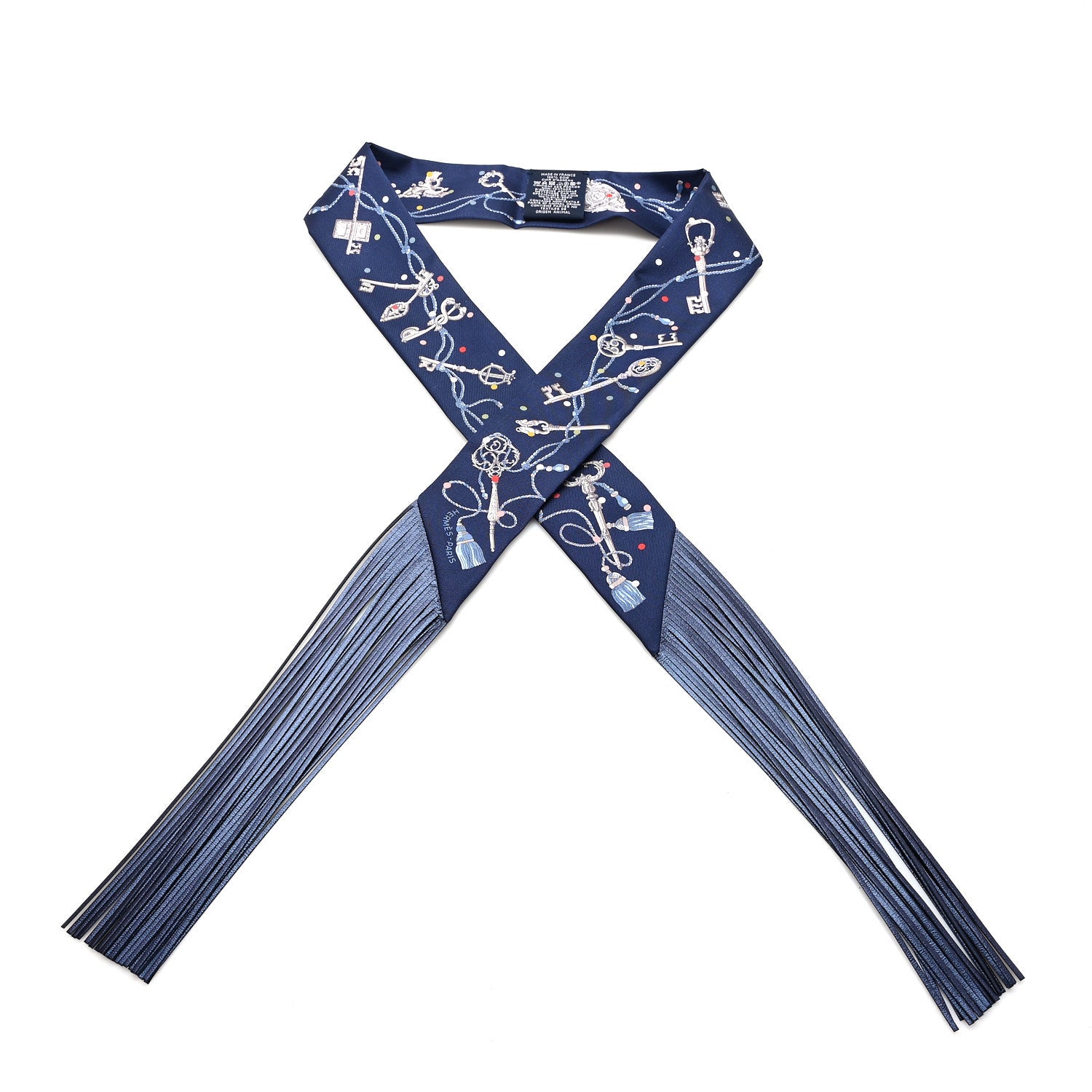 Hermes Silk Metallic Agneau Les Cles A Pois Fringed Twilly Bleu Marine Gris Argent Multicolor 1 of 3