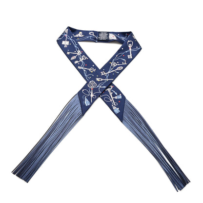 Hermes Silk Metallic Agneau Les Cles A Pois Fringed Twilly Bleu Marine Gris Argent Multicolor 1 of 3