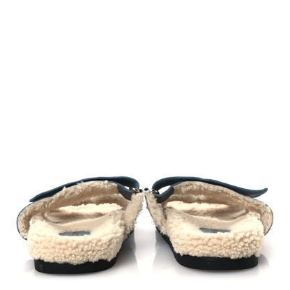 Hermes Suede Goatskin Woolskin Womens Chypre Sandals 38 Bleu Pinede Ecru 6 of 11