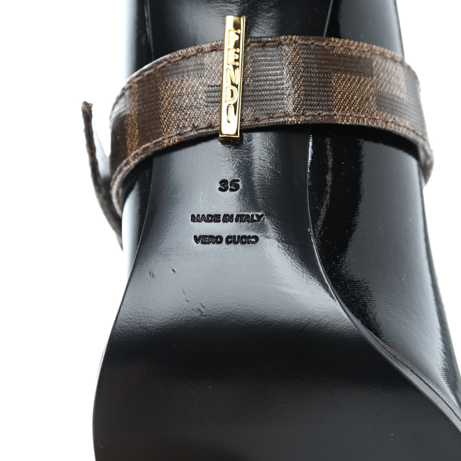 Fendi Glossy Neoprene Glazed Fabric FF FFrame Court Mary Jane Pumps 35 Black Tobacco Moro 7 of 7