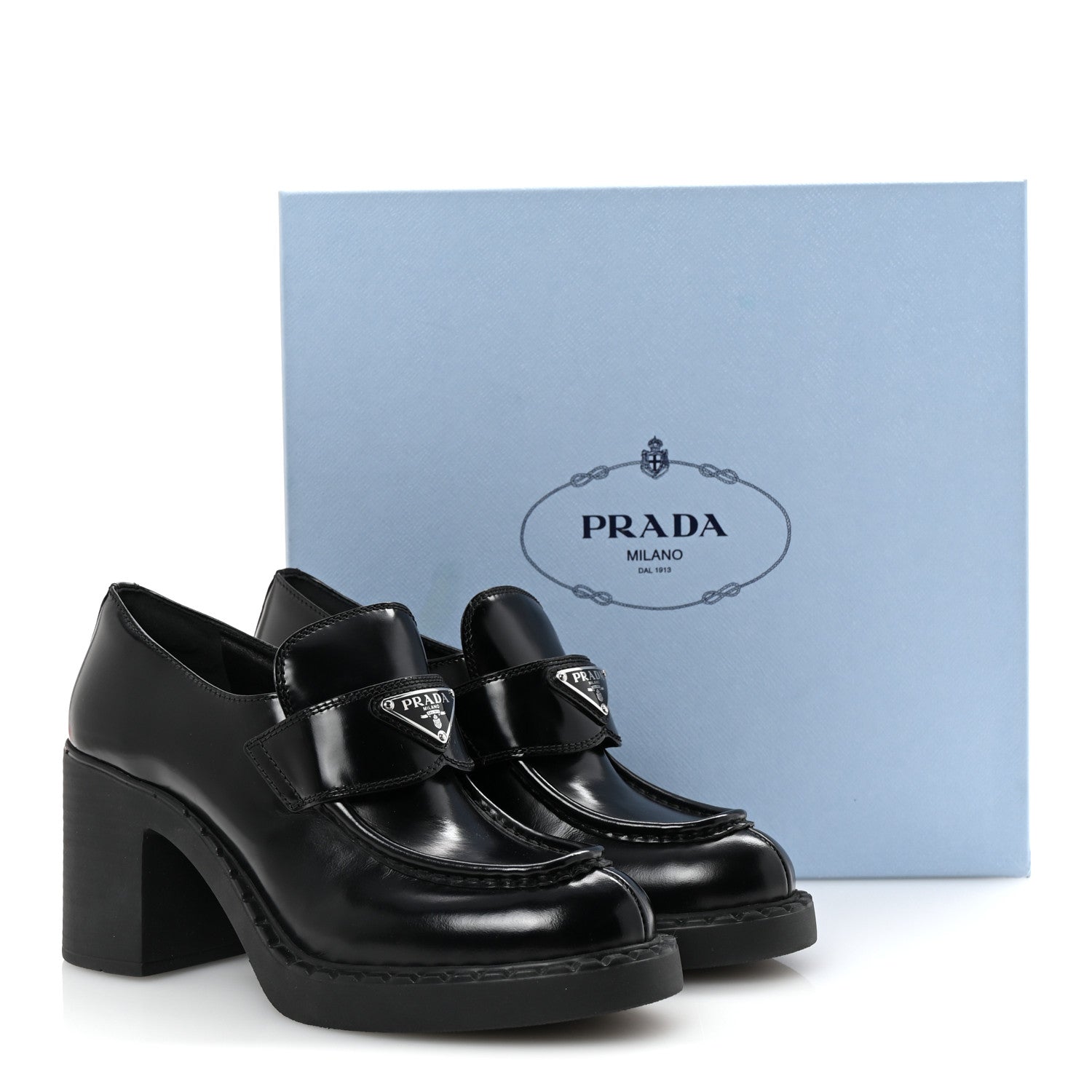 Prada Spazzolato Metal Triangle Logo 85mm Loafers 39.5 Black 10 of 10
