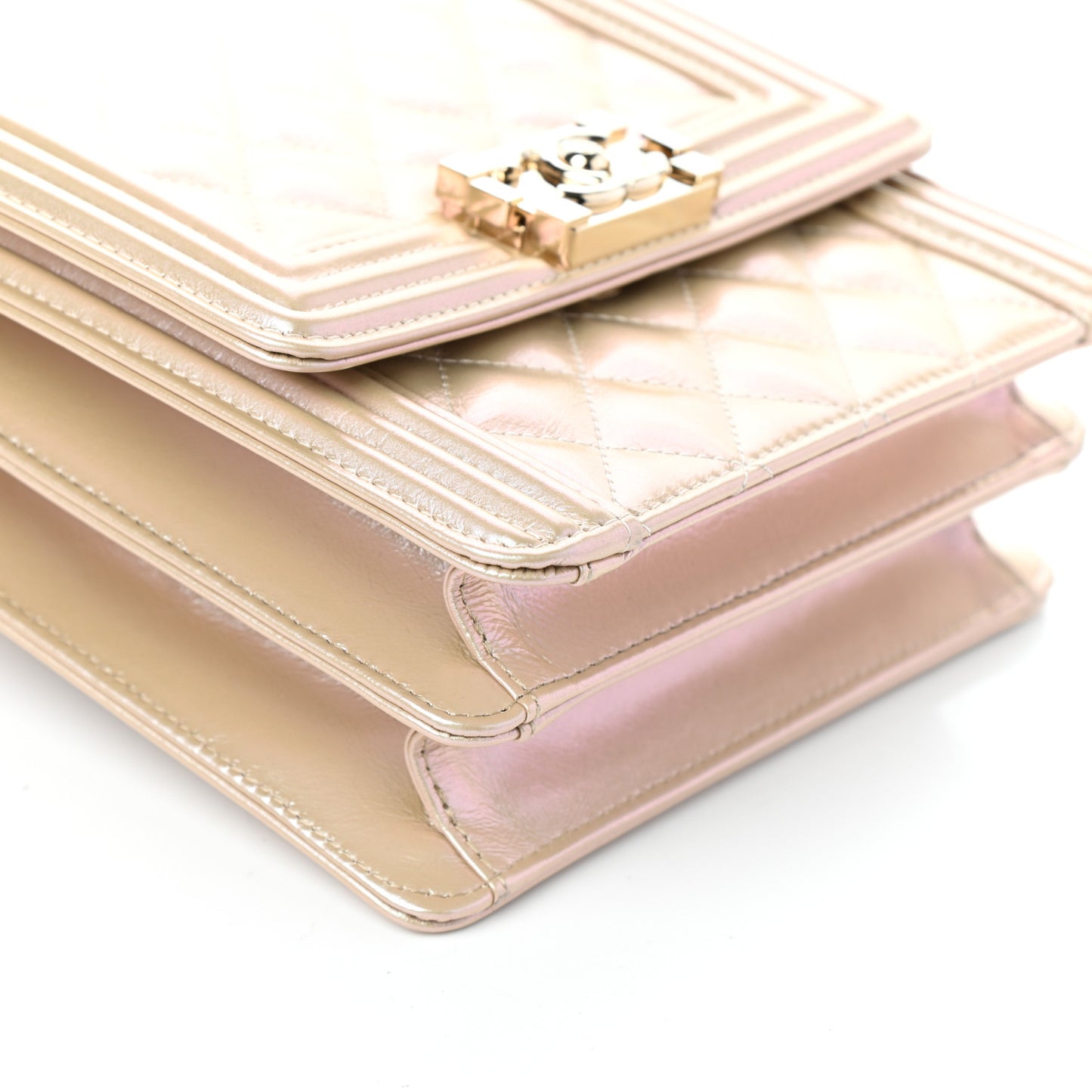 Iridescent Calfskin Quilted North South Boy Flap Beige