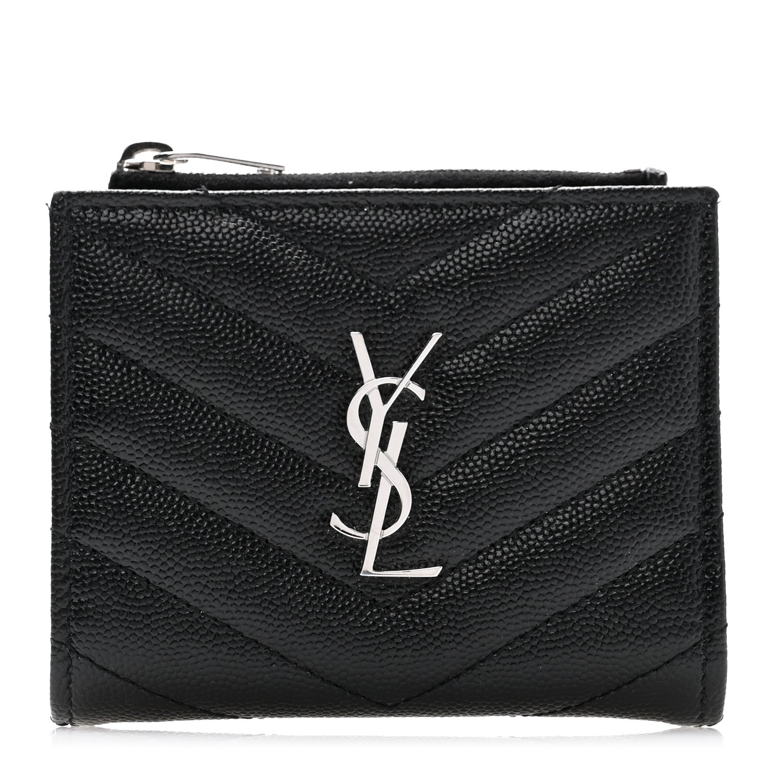 Saint Laurent Grain De Poudre Matelasse Chevron Monogram Zipped Card Case Black 1 of 10