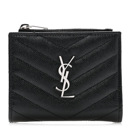 Saint Laurent Grain De Poudre Matelasse Chevron Monogram Zipped Card Case Black 1 of 10