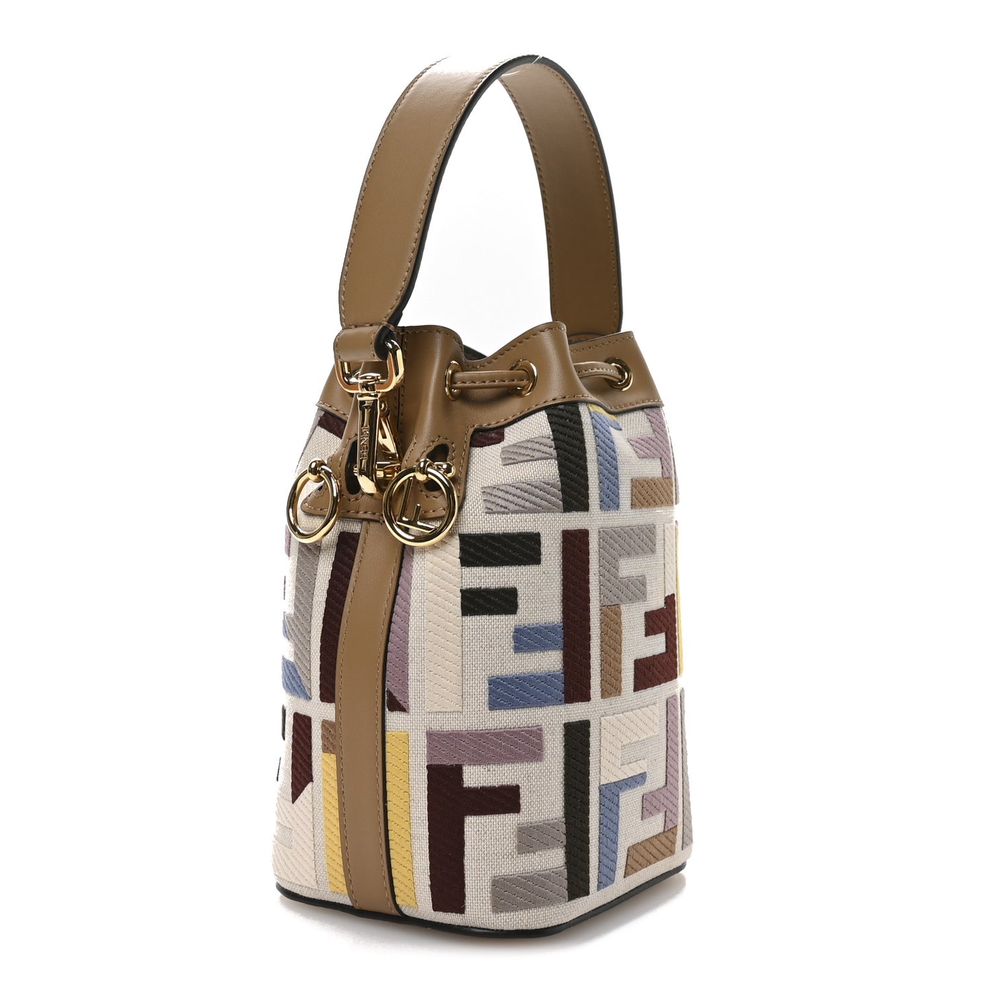 Canvas Vitello King FF Embroidered Mini Mon Tresor Bucket Bag Dusty Mauve Cappuccino Multicolor