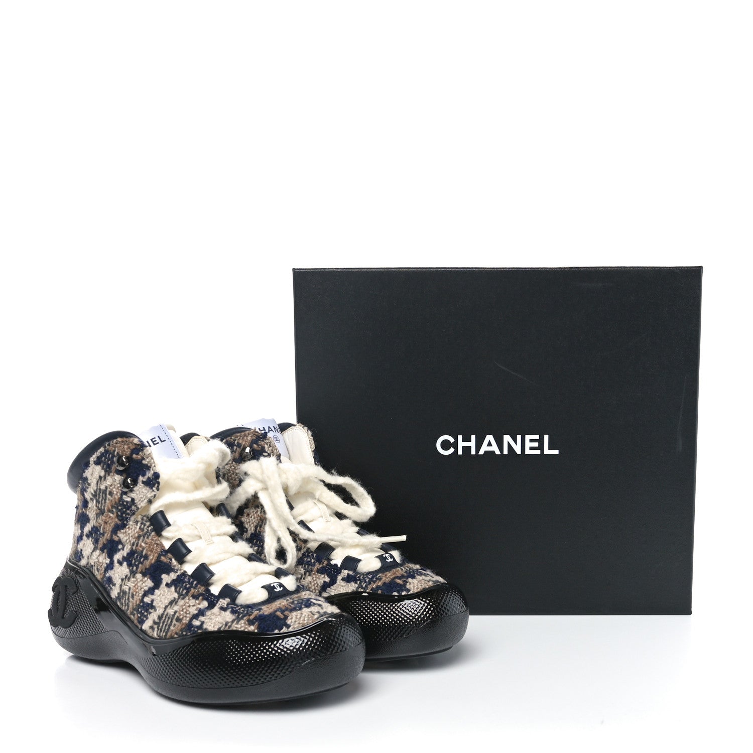 Chanel Wool Tweed Lambskin CC High Top Sneakers 38.5 Beige Brown Navy Blue Khaki 9 of 9