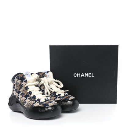 Chanel Wool Tweed Lambskin CC High Top Sneakers 38.5 Beige Brown Navy Blue Khaki 9 of 9