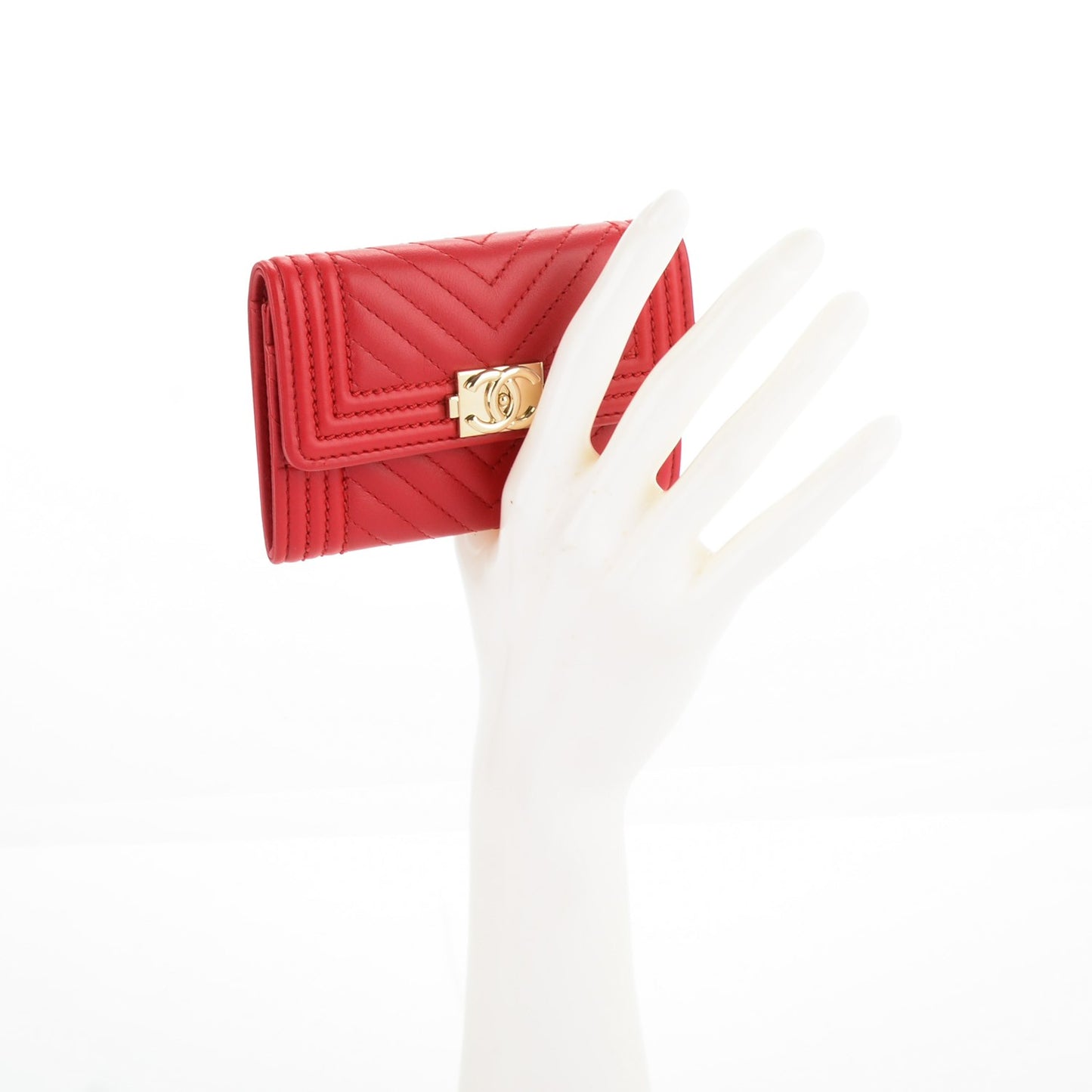 Calfskin Chevron Quilted Boy Card Holder Wallet Red
