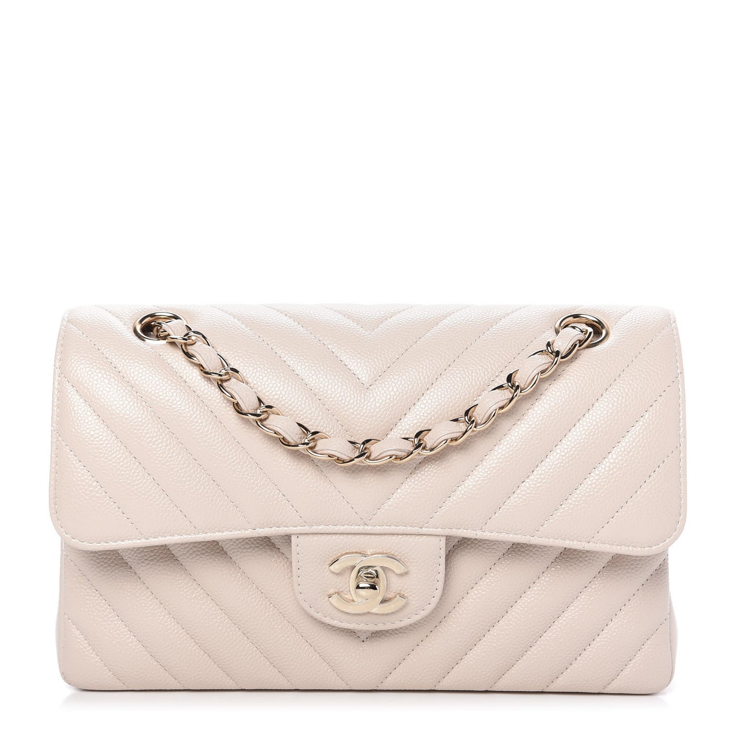 Caviar Chevron Quilted Small Double Flap Beige