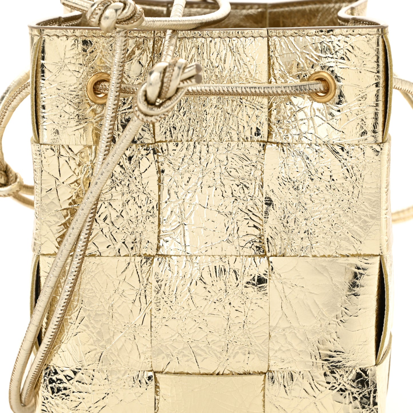 Metallic Crushed Nappa Maxi Intrecciato Small Cassette Bucket Bag Gold