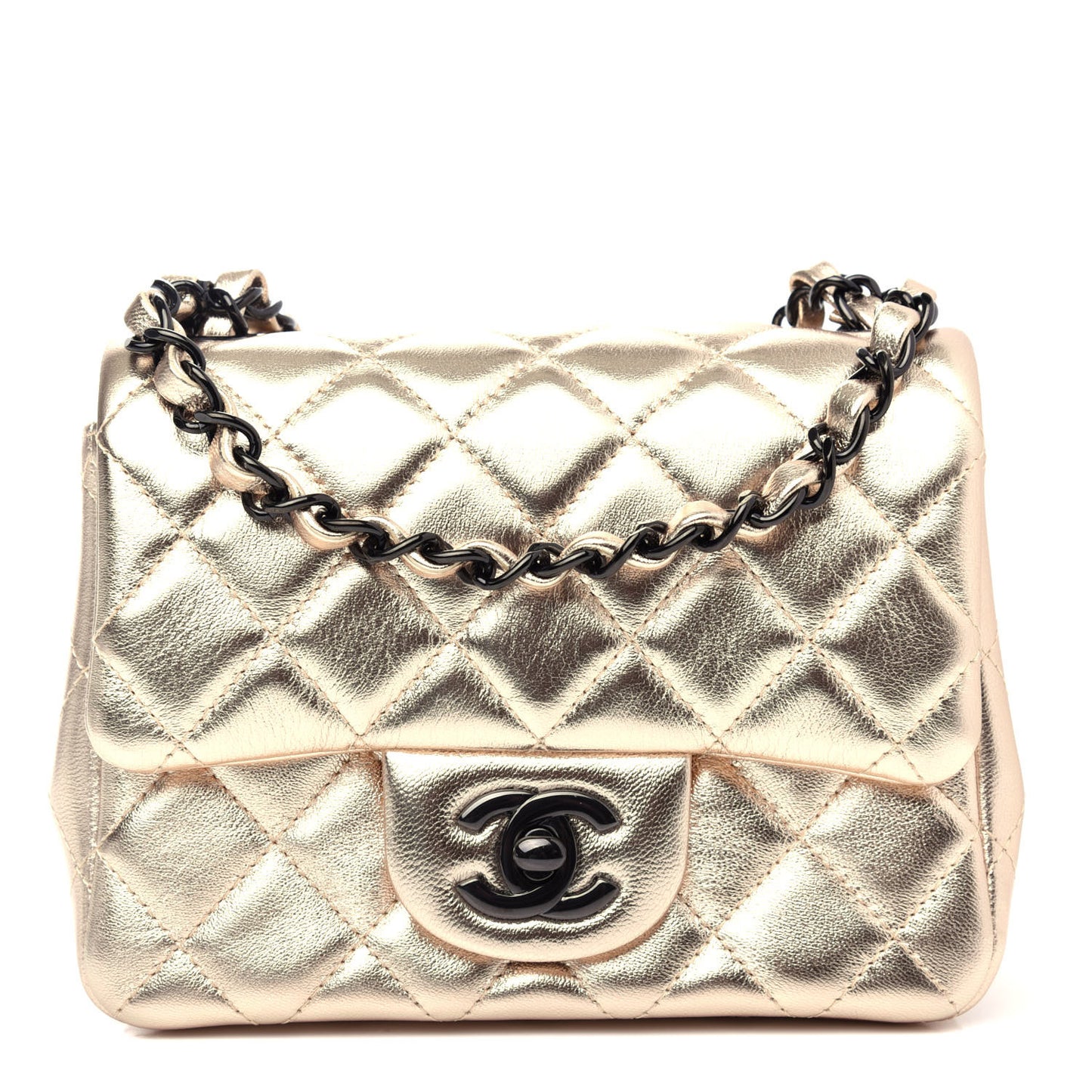 Metallic Lambskin Quilted Mini Square Flap Gold Black