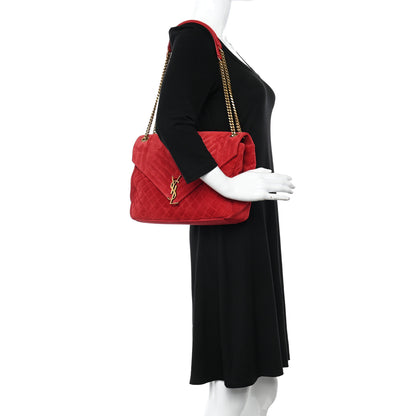 Saint Laurent Suede Mixed Matelasse Triquilt Large Monogram Envelope Satchel Red 2 of 13