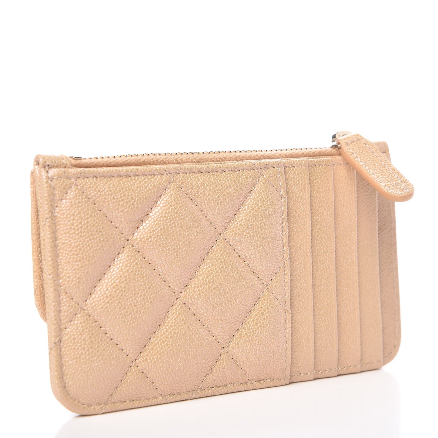 Iridescent Caviar Quilted Flap Zip Card Holder Beige