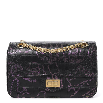 Chanel Calfskin Crocodile Embossed Graffiti 2.55 Mini Cocodile Reissue Flap Black Pink 1 of 12