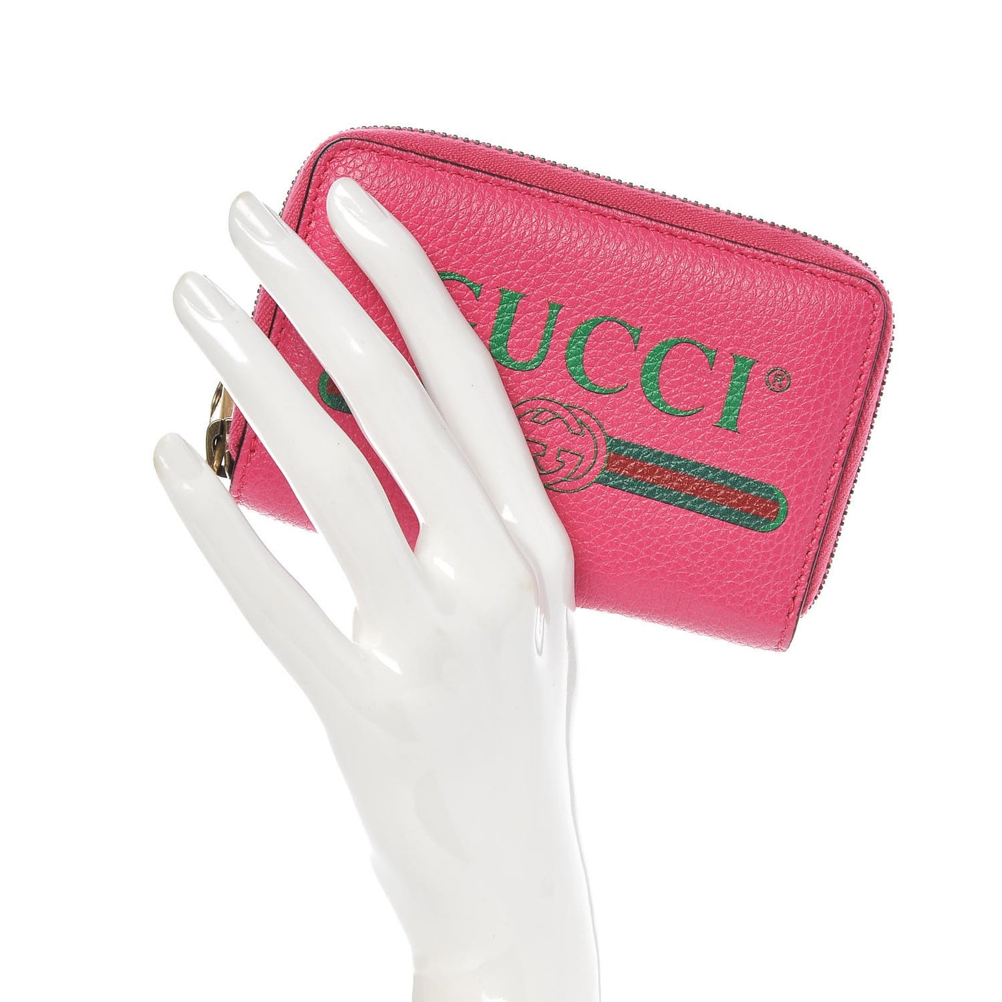 Grained Calfskin Logo Zip Around Card Case Box Pink Green