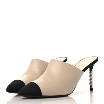 Chanel Lambskin Grosgrain Cap Toe Pearl Mule 39 Beige Black 3 of 10