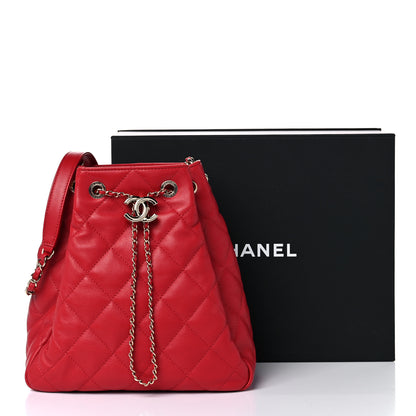 Chanel Lambskin Quilted Chain Drawstring Bag Red 16 of 16