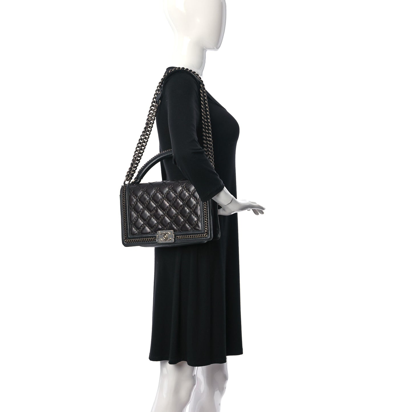 Calfskin Quilted New Medium Boy Top Handle Flap Black