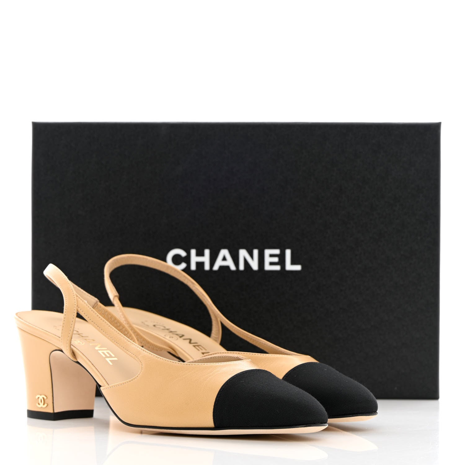 Chanel Goatskin Grosgrain Cap Toe CC Slingback Pumps 38.5 Beige Black 12 of 12