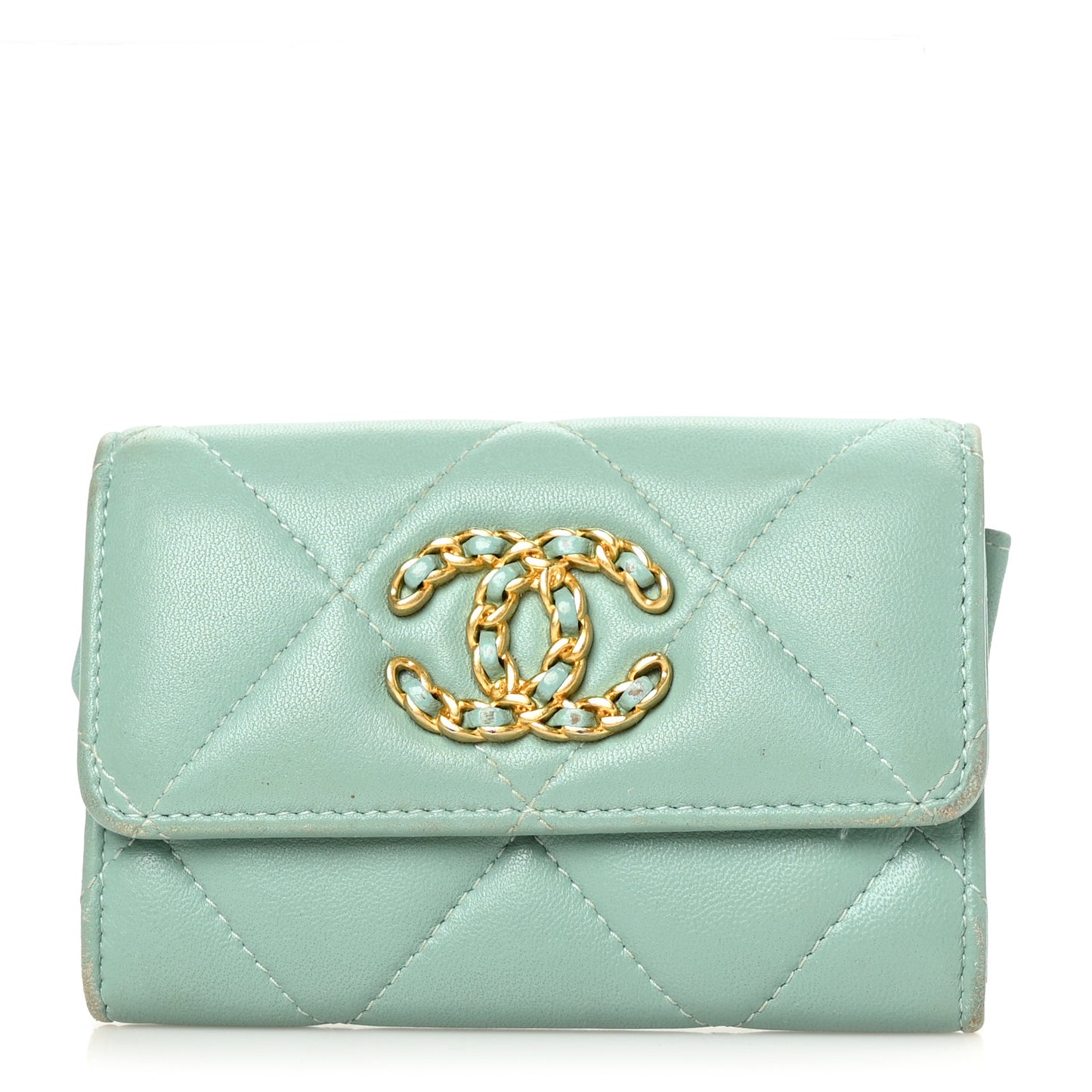 Lambskin Quilted Chanel 19 Flap Card Holder Light Green
