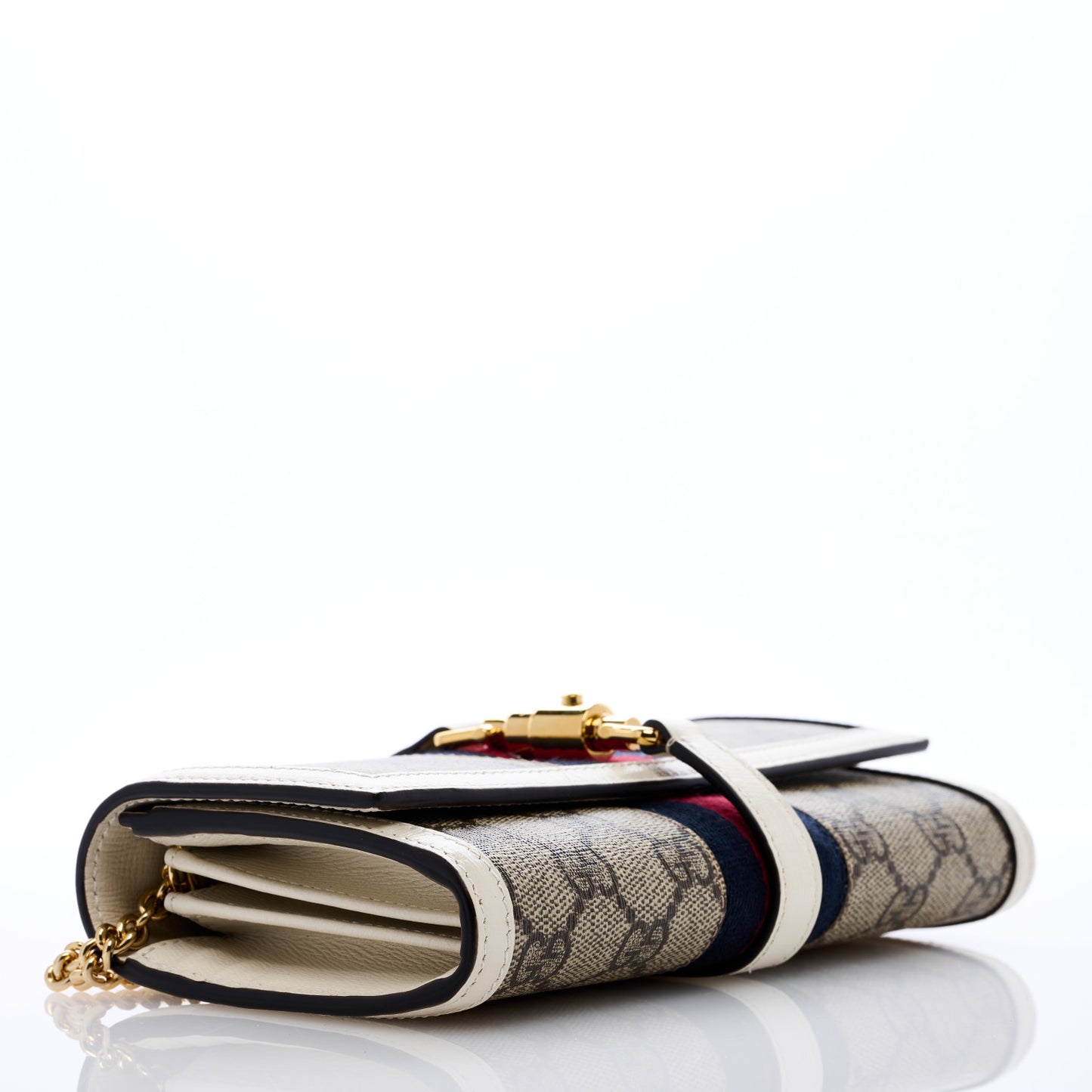 GG Supreme Monogram Textured Calfskin Web Jackie 1961 Chain Wallet Beige Ebony Mystic White