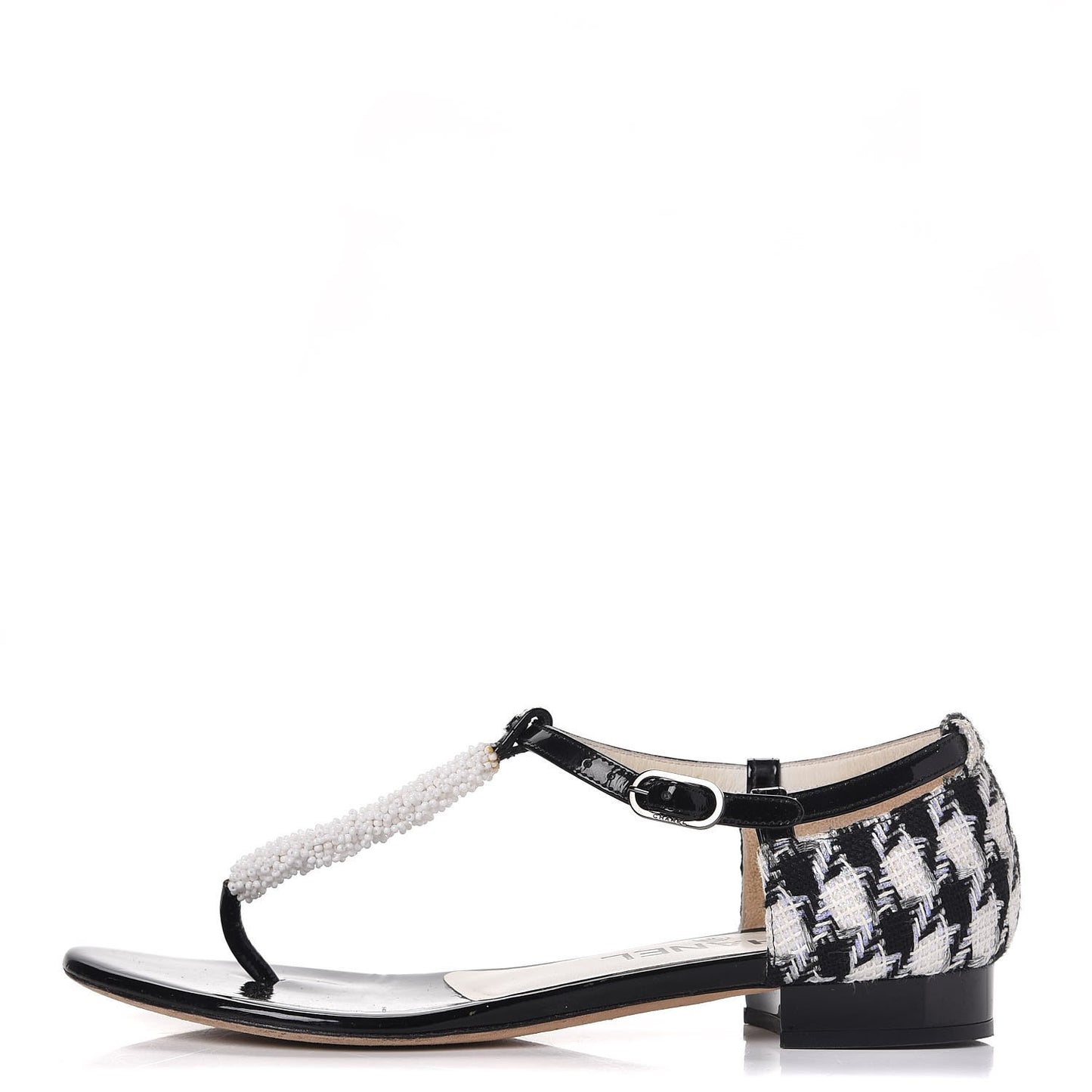 Patent Houndstooth Beaded Thong Sandals 36 Black