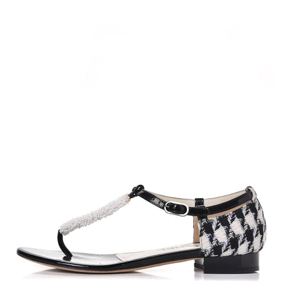 Chanel Patent Houndstooth Beaded Thong Sandals 36 Black 1 of 9