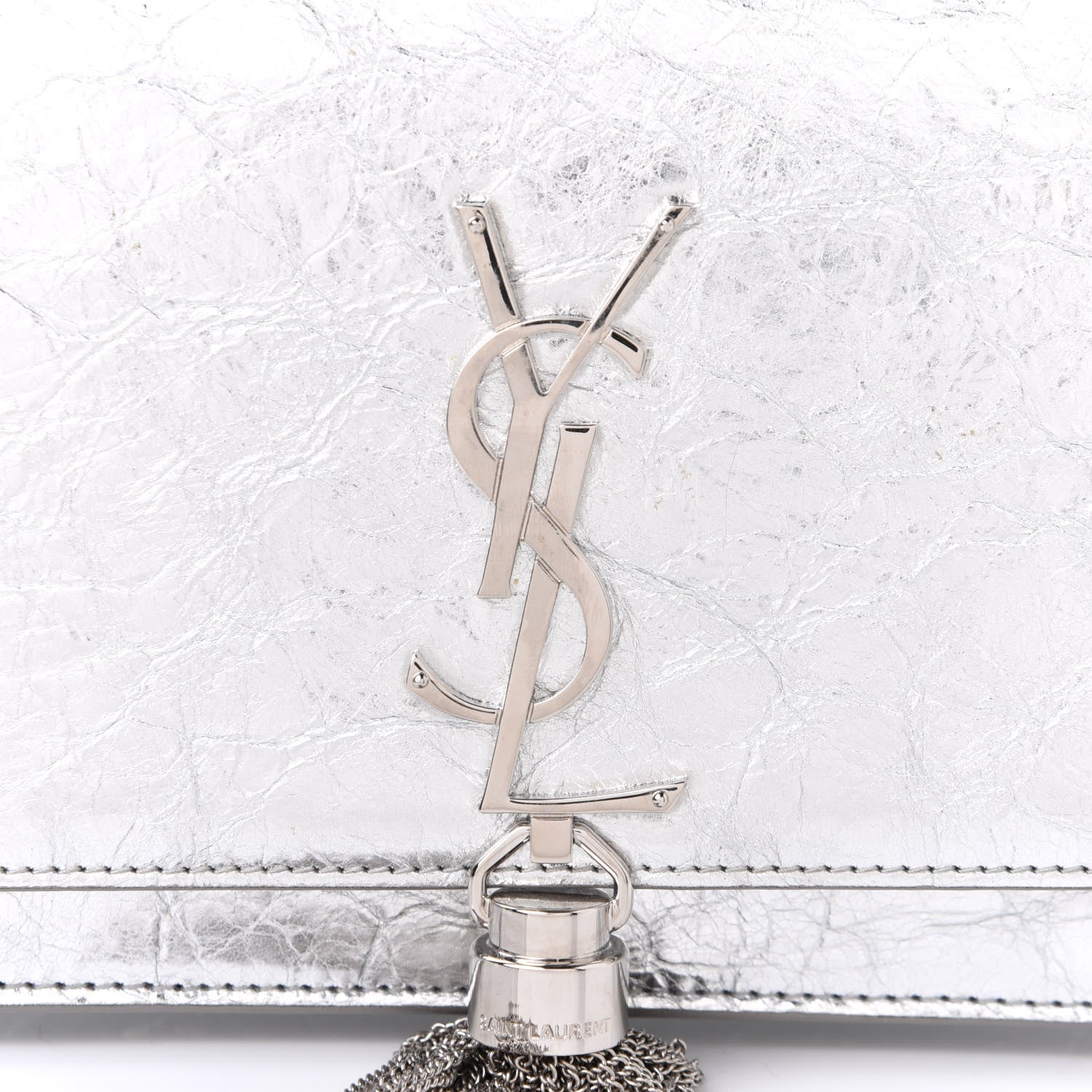 Saint Laurent Metallic Crackled Calfskin Kate Monogram Tassel Chain Wallet Argento 9 of 12