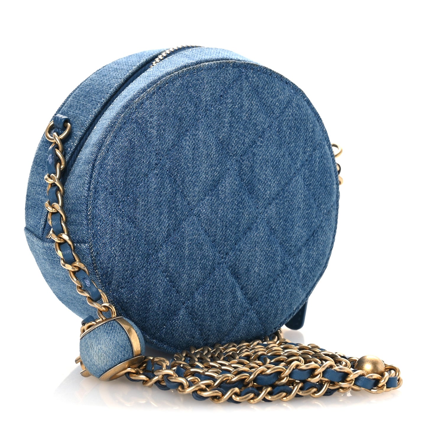 Denim Quilted Round Pearl Crush Clutch With Chain Blue