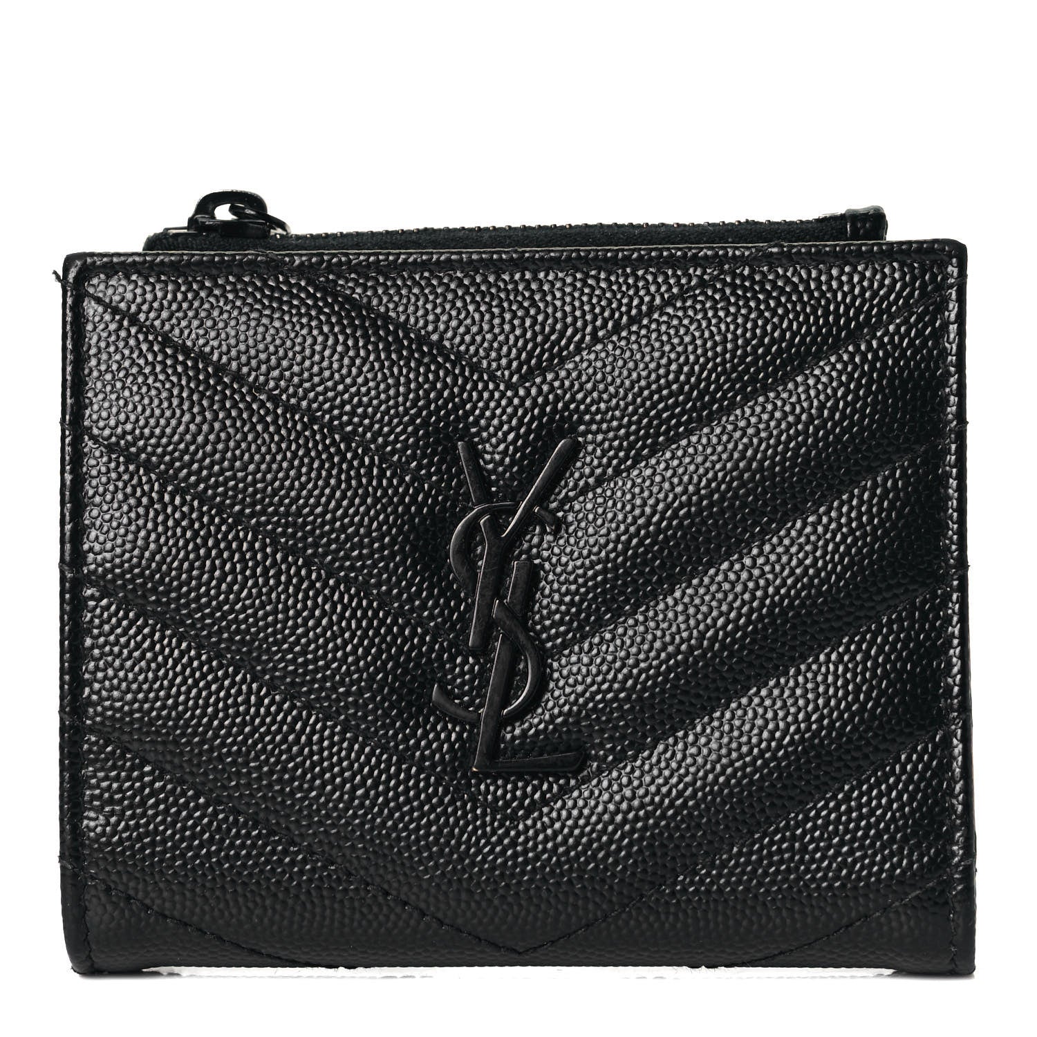 Saint Laurent Grain De Poudre Matelasse Chevron Monogram Zipped Card Case Black 1 of 13
