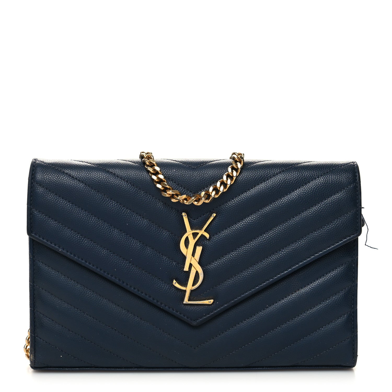 Saint Laurent Grain De Poudre Matelasse Chevron Monogram Chain Wallet Navy 1 of 11