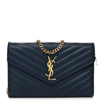 Saint Laurent Grain De Poudre Matelasse Chevron Monogram Chain Wallet Navy 1 of 11