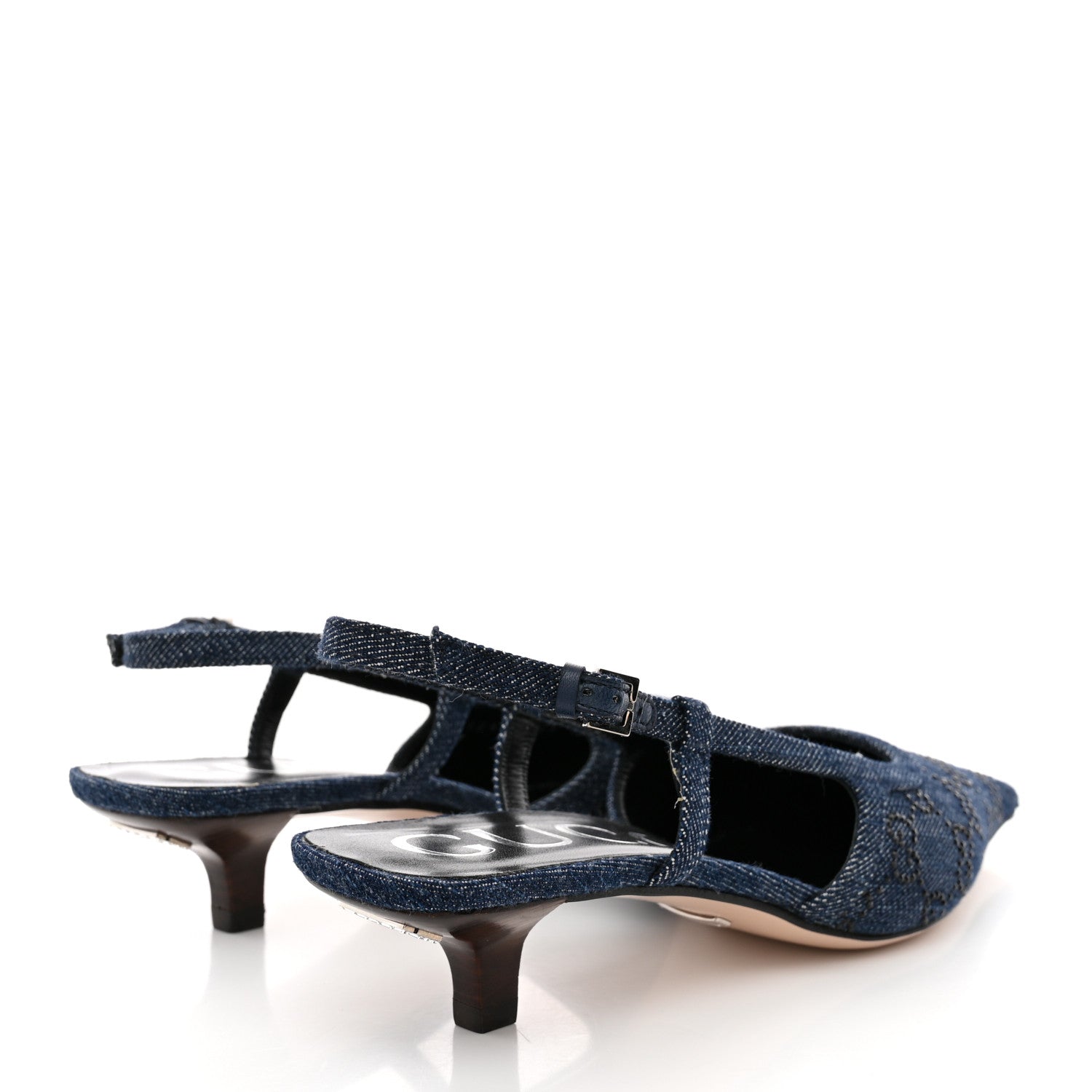 Gucci Denim GG Monogram Malaga Kid Crystal Square G 35mm Slingback Pumps 37 Blue 5 of 12