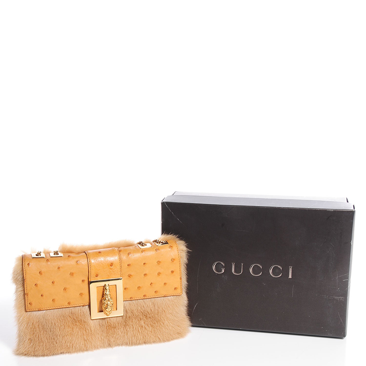 Gucci Mink Ostrich Tiger Head Leather Flap Bag Tan 5 of 9