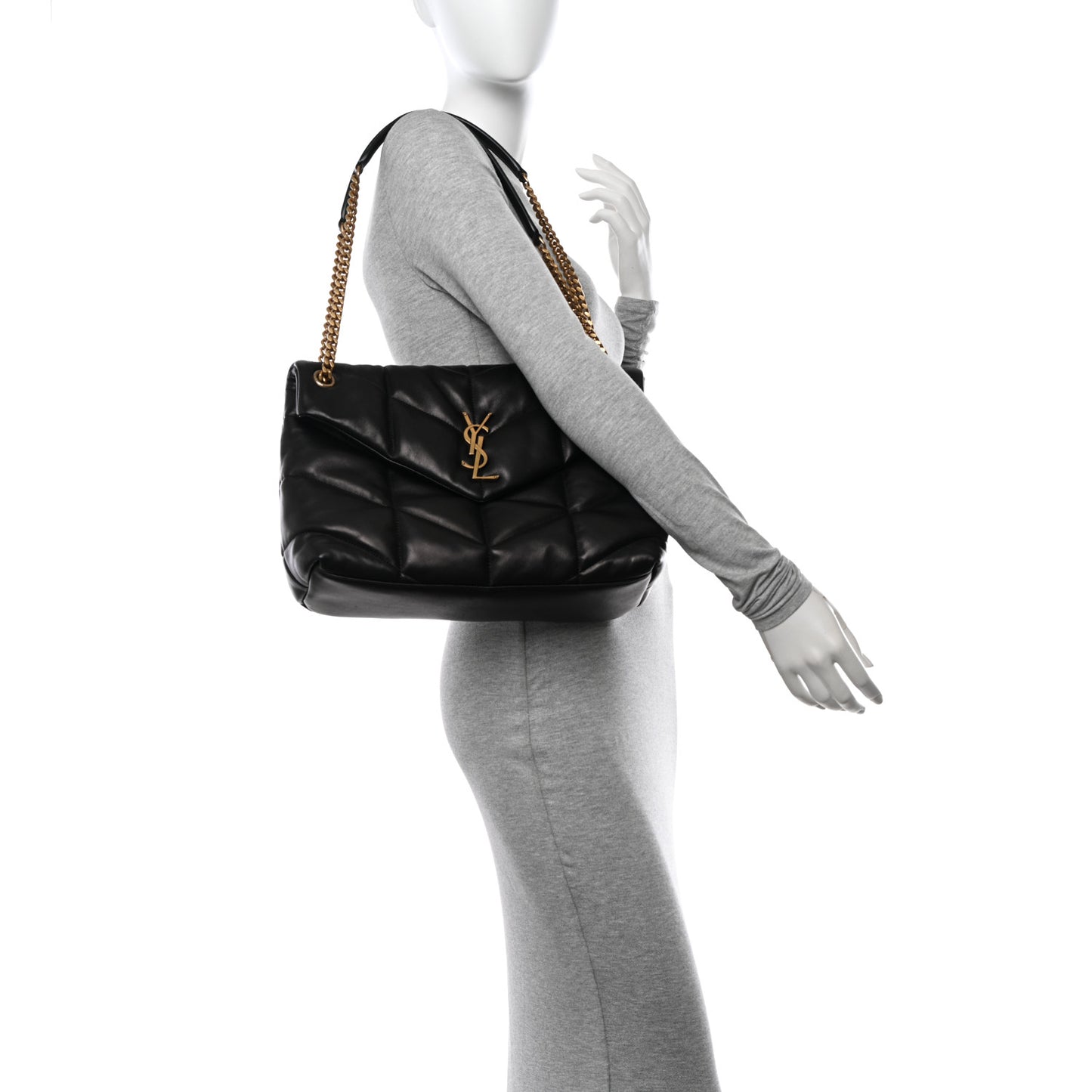 Lambskin Quilted Medium Loulou Puffer Monogram Chain Satchel Black