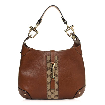 Gucci Calfskin Monogram Piston Lock Jackie O Hobo Tan 1 of 10