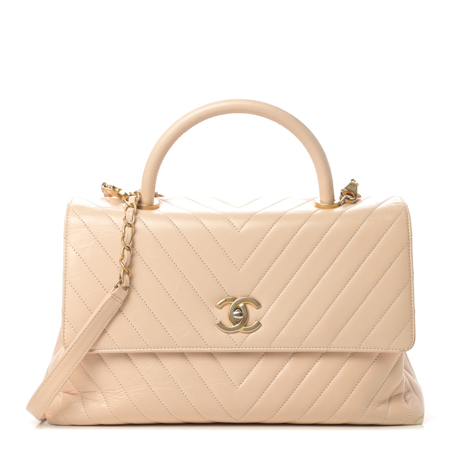 Chanel Calfskin Chevron Quilted Medium Coco Handle Flap Beige 1 of 17